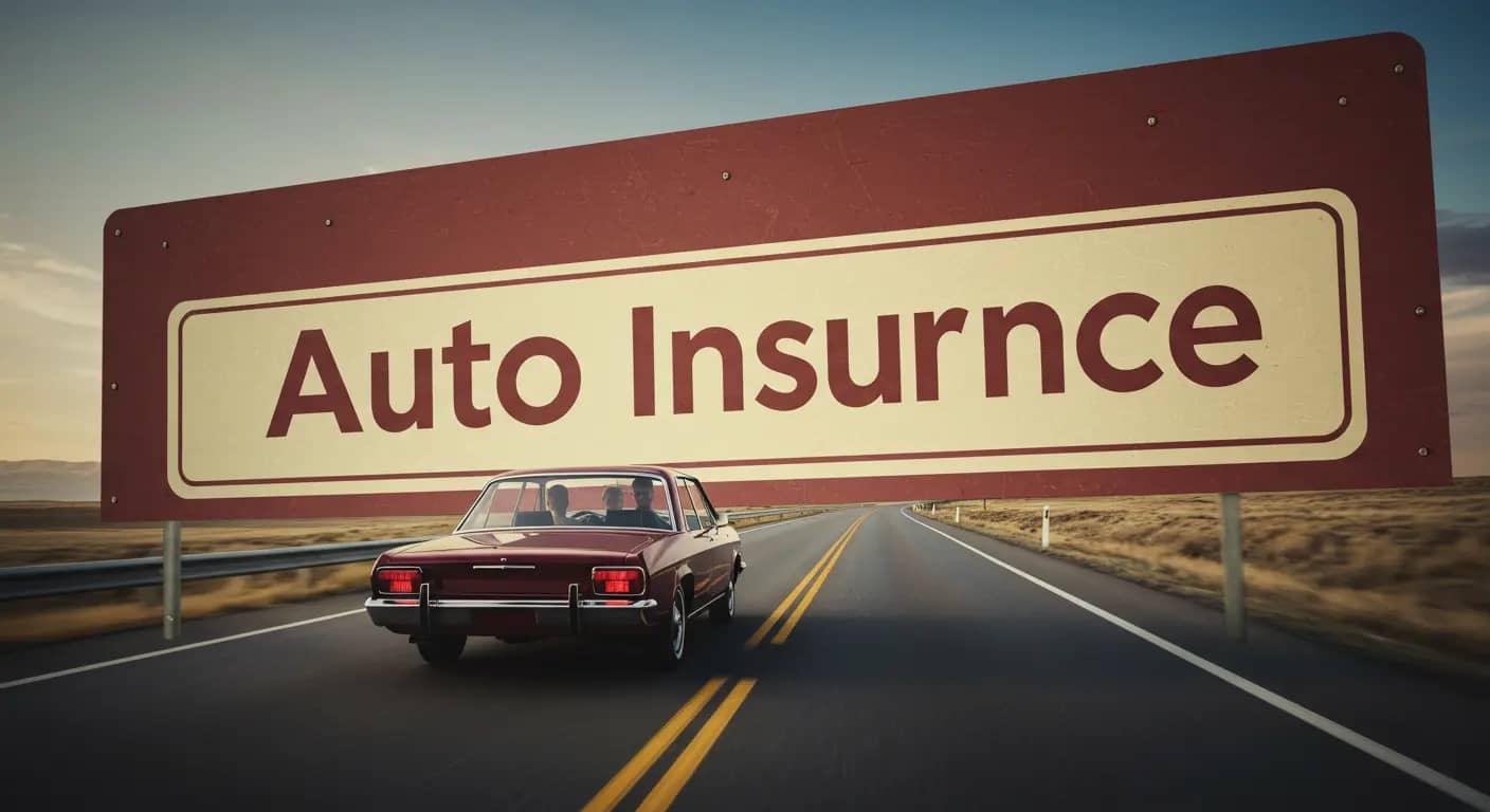 Vintage car driving on open highway toward large retro-style roadside sign reading 'Auto Insurance', conceptual image for car insurance marketing, sunset background